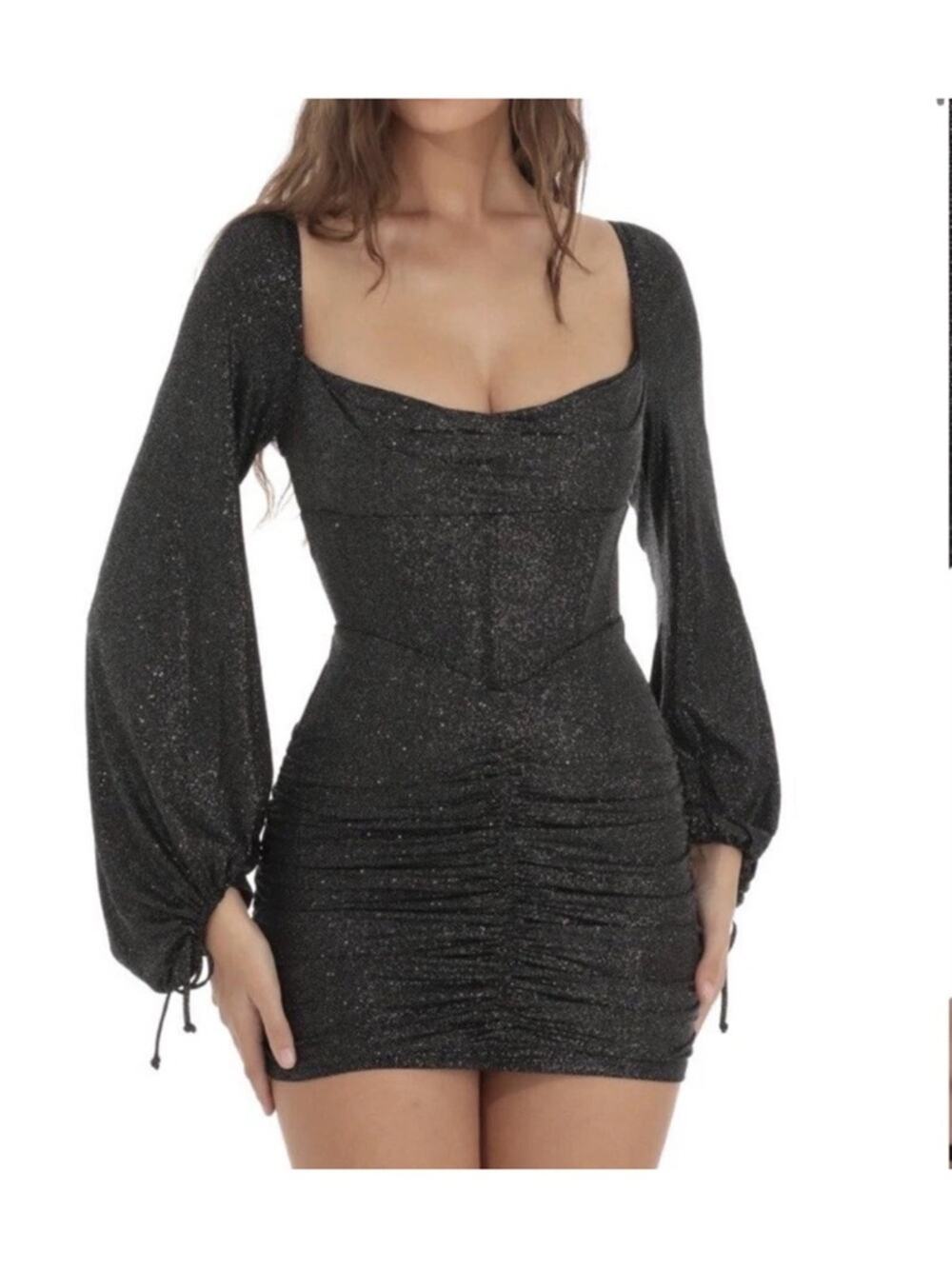 Lucy in the Sky Corset Shimmer Mini Long Sleeve Dress Black Metallic Medium